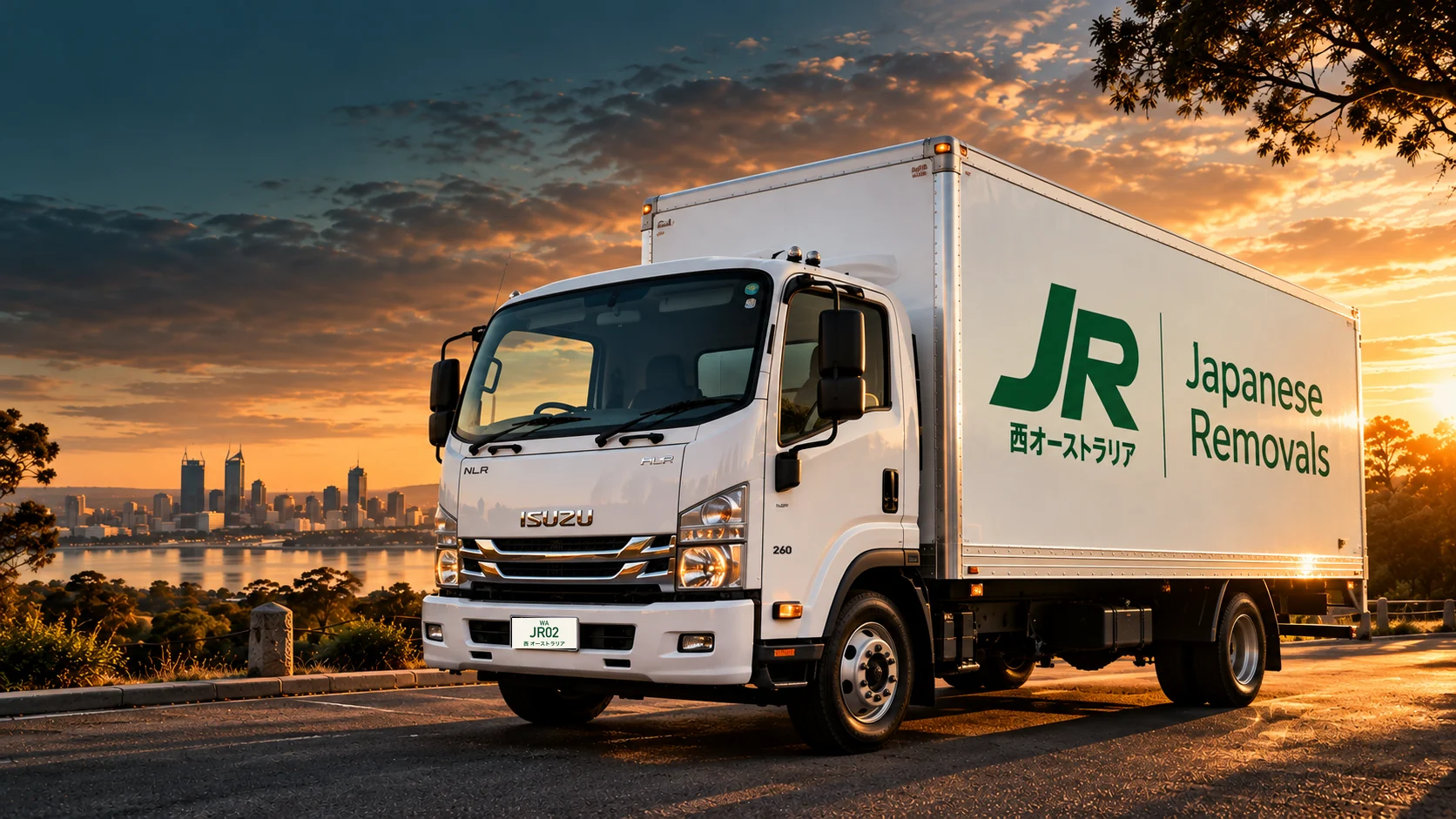 White Japanese Removals ISUZU truck at sunset, overlooking the Perth city skyline
